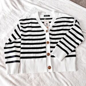 MEROKEETY White & Black Striped Button-Up Cardigan – Size Small *NWT*